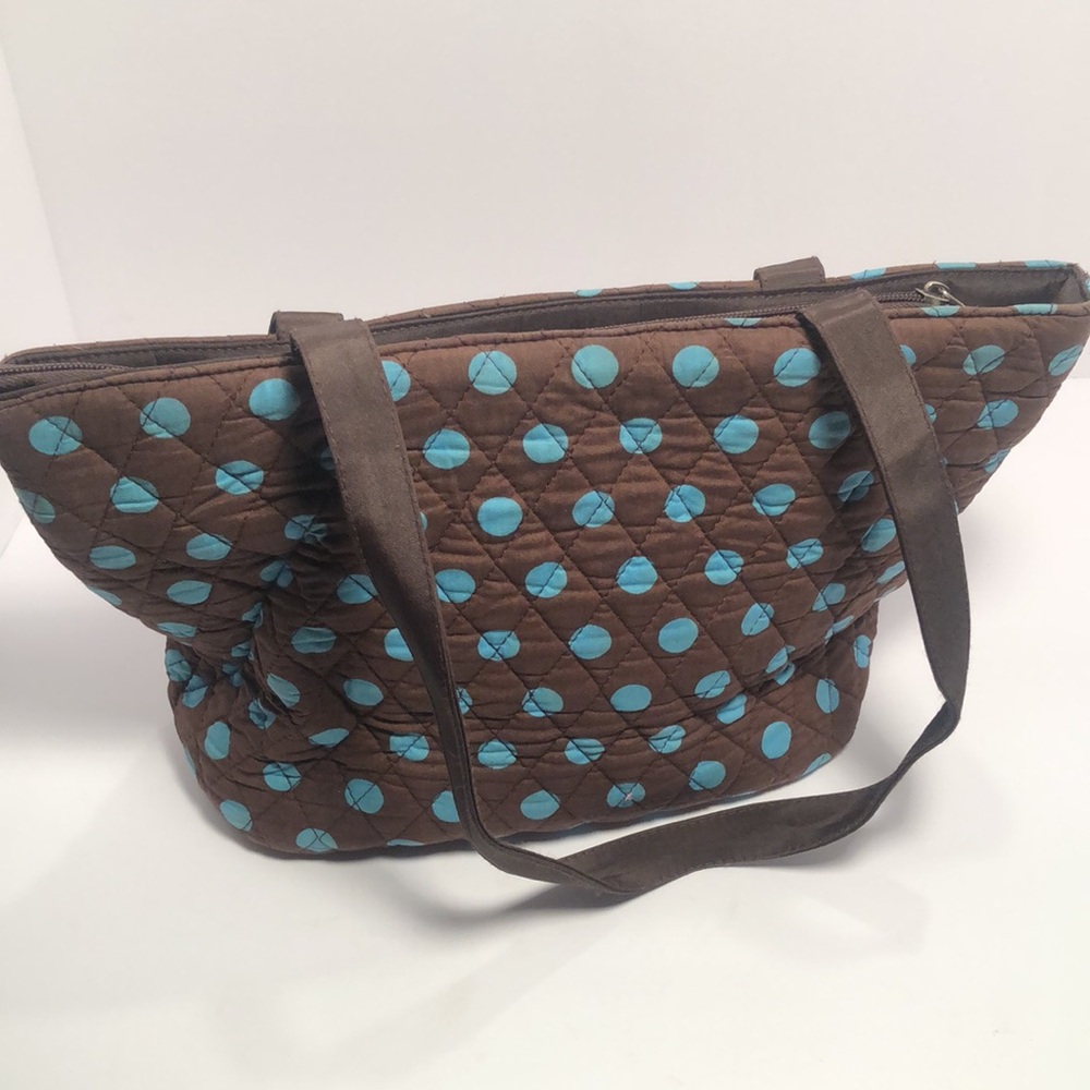 Woman’s blue & brown Belvah spring polka dot bag